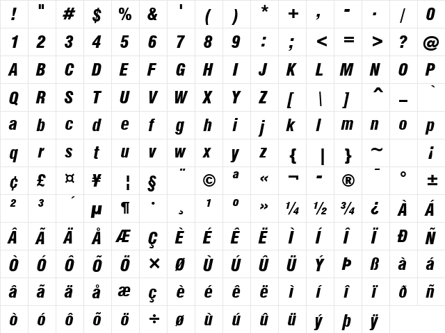 Swis721 BlkCn BT Black Italic  glyph index