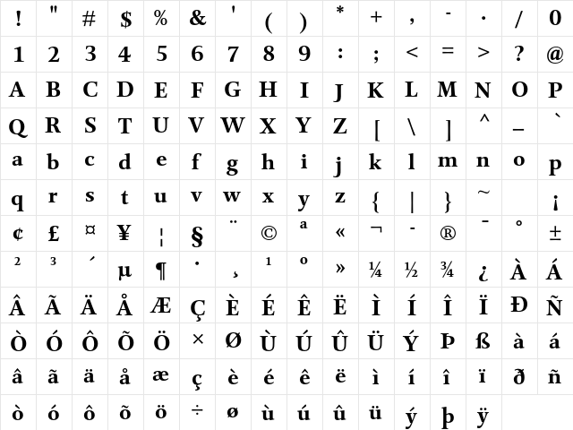 Mentor Std Bold  glyph index