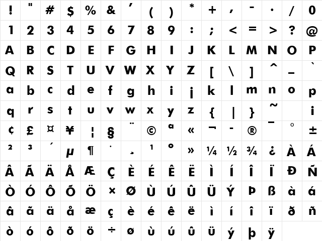 Futuri Bold  glyph index