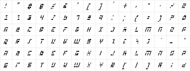 Missile Man Italic Cond Italic Cond  glyph index