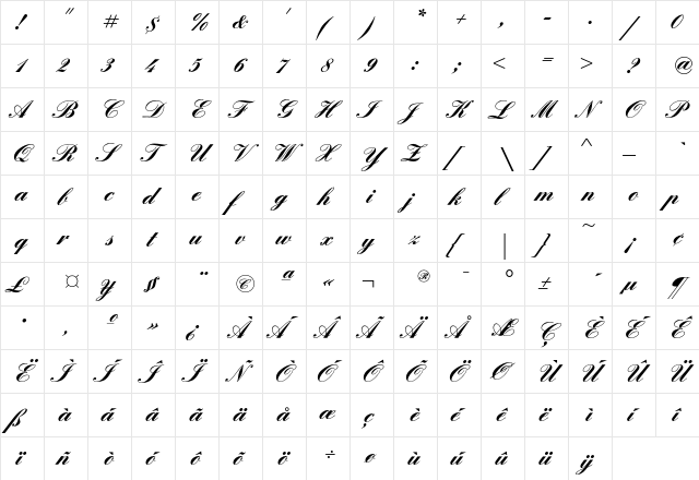 EnglishScriptEF Bold  glyph index