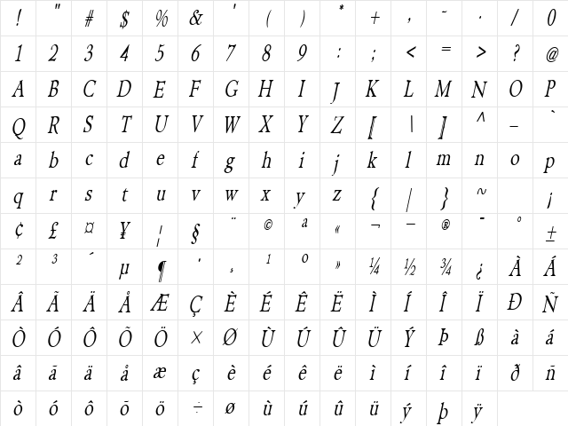 NewHampshireCondensed Italic  glyph index
