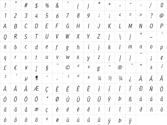 Ayumi Pro Italic  glyph index