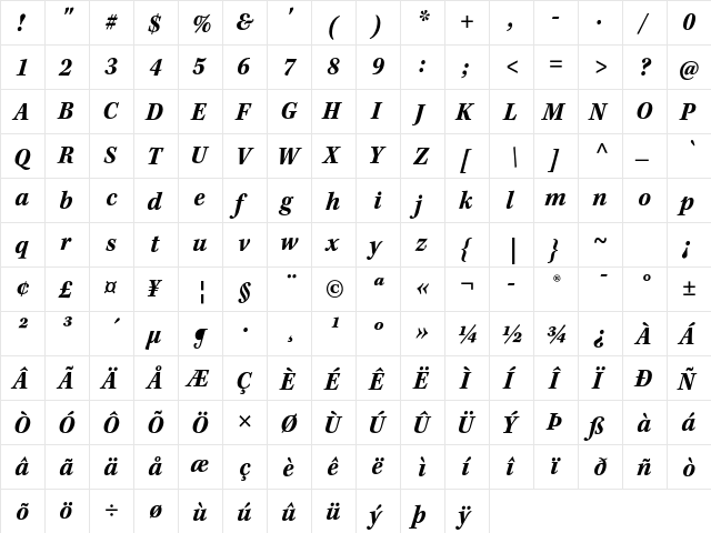 Kepler Std Bold Semicondensed Italic Caption  glyph index