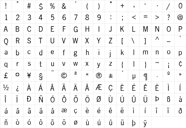 NewsGothic Regular  glyph index