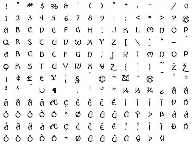 Hadley Regular  glyph index