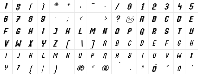 Speed+2 Regular  glyph index
