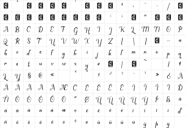 Spirly Regular  glyph index