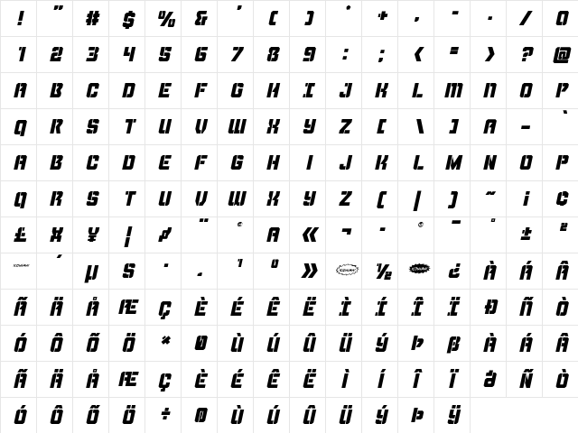 Thunder Trooper Title Italic Italic  glyph index