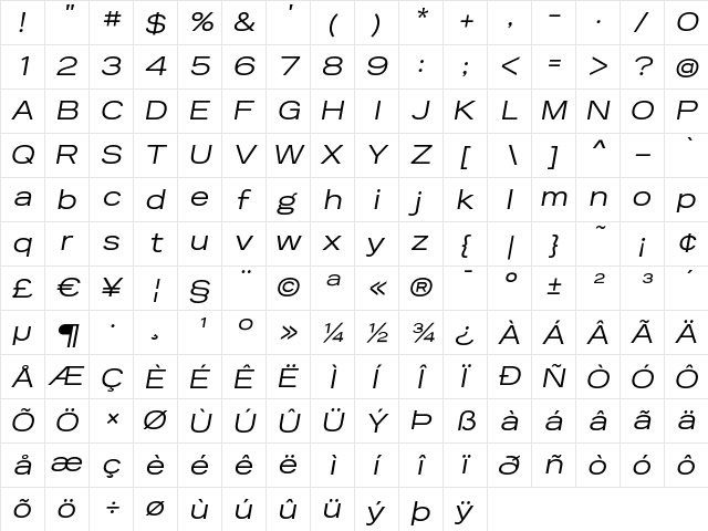 Reservation Wide Oblique  glyph index