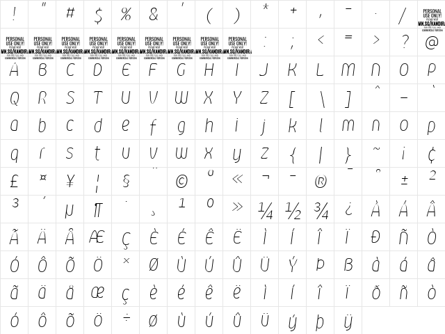 Kandira PERSONAL Thin Italic  glyph index