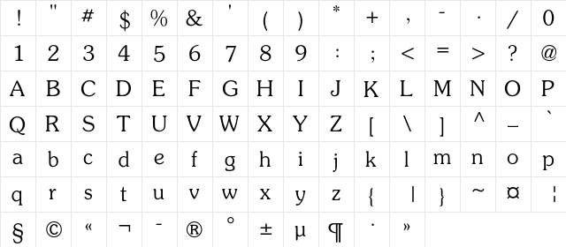 AGPresquireC Regular  glyph index