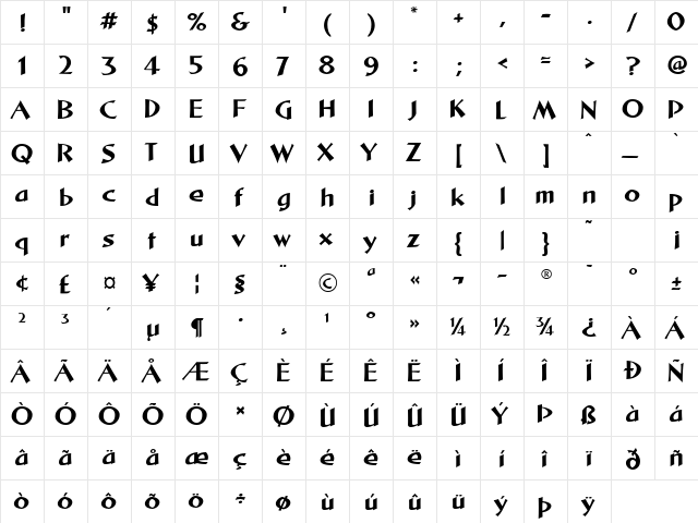 Alexander Regular  glyph index