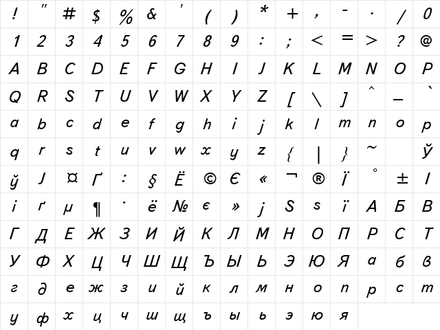 TextBookC Italic  glyph index