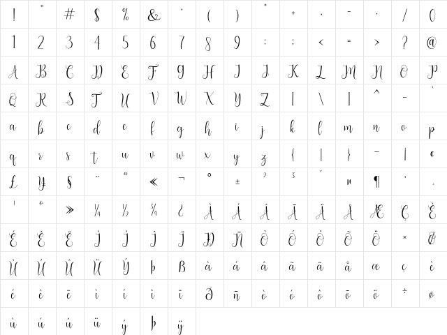 seabright Regular  glyph index