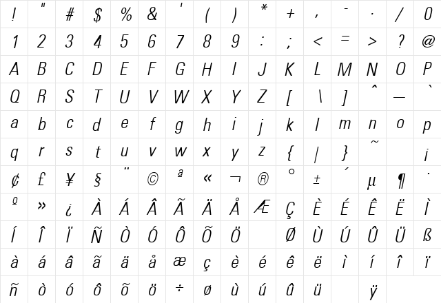 Uniform Condensed Light Italic  glyph index