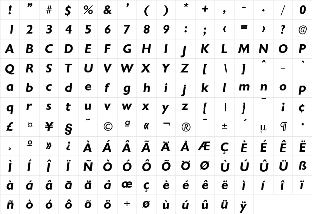 Chantilly-DemiBoldIta Regular  glyph index