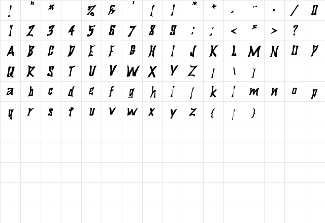 BigDaddy Oblique  glyph index