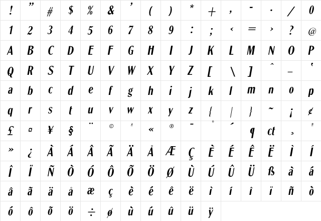 GlobeCondL-Oblique Regular  glyph index