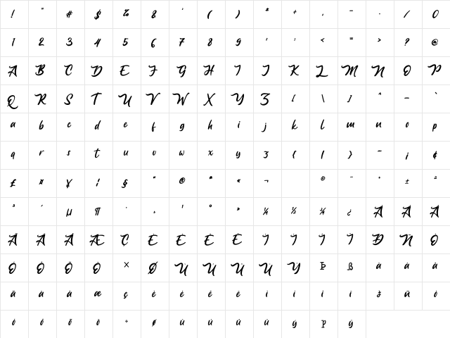 Anjelica Script Regular  glyph index