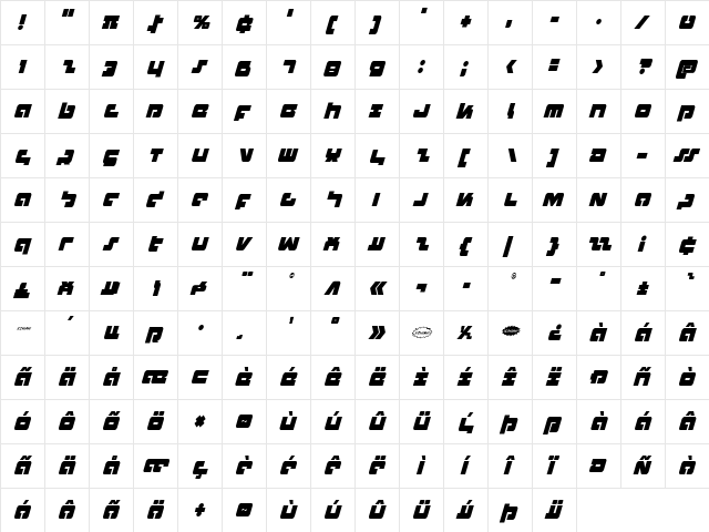 Boomstick Condensed Italic Condensed Italic  glyph index