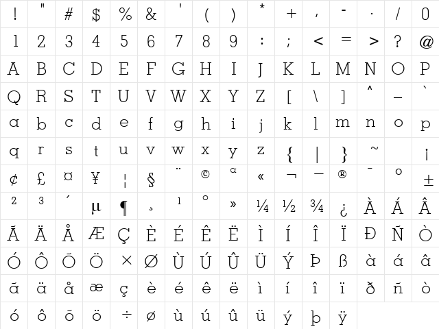 Nashville Light Regular  glyph index