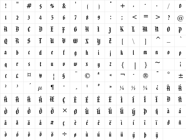 AmericanText BT Regular  glyph index