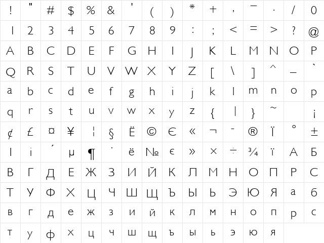 GalsLight Normal  glyph index