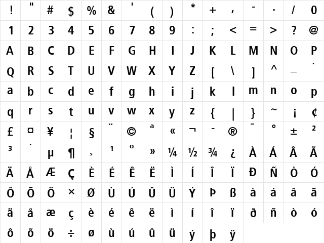 Frutiger 47LightCn Bold  glyph index