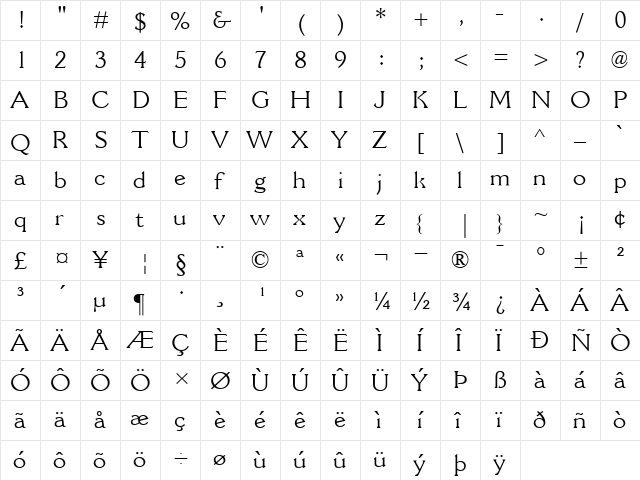 CantoriaMT Roman  glyph index