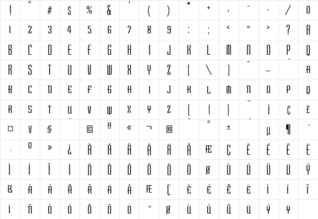 Destijl Italic  glyph index
