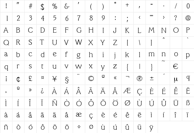 Veracruz-Xlight Regular  glyph index
