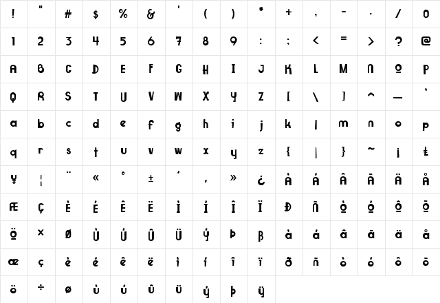 Superfruit Bold  glyph index