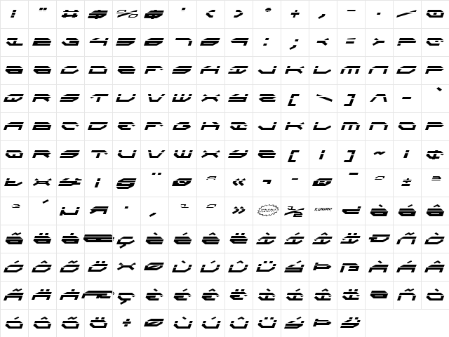 Taskforce Laser Italic Italic  glyph index