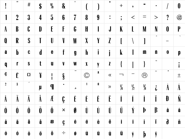 Radiant Bold Condensed Regular  glyph index