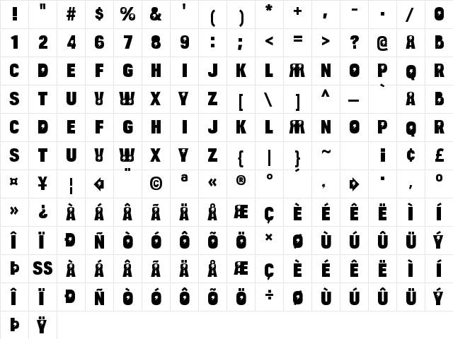Bulltoad Zap Regular  glyph index