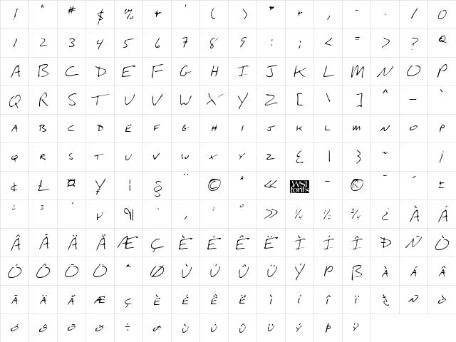 WalkersHand Regular  glyph index