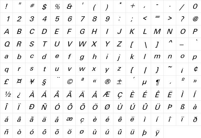 Unique-RomanOblique Regular  glyph index