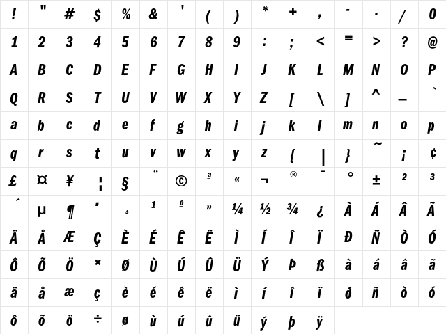 FranklinGothicEF DemiCompIta  glyph index