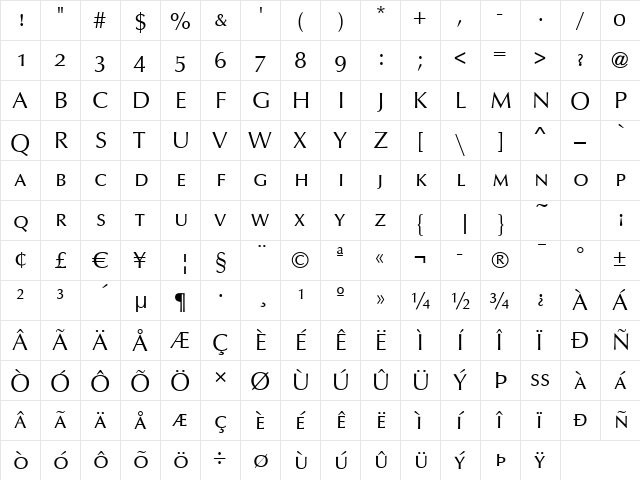 Opus-Caps Regular  glyph index