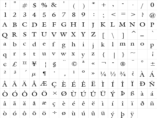Galant Wide Normal  glyph index