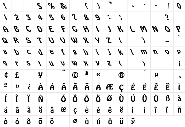 Hobo Leftified Regular  glyph index