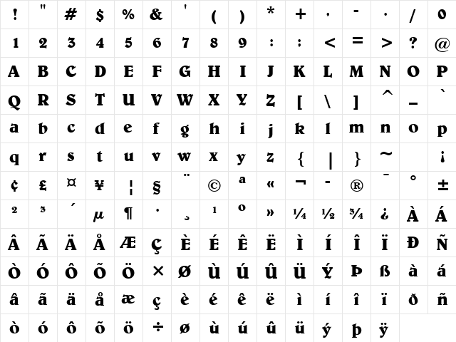 Belwe Bold  glyph index