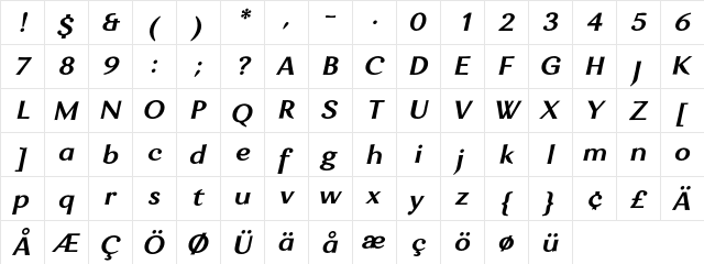 Enzia Bold Italic  glyph index