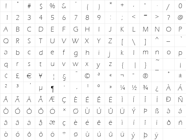 Ennis-Light Regular  glyph index