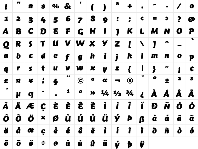 Jambono-Black Regular  glyph index