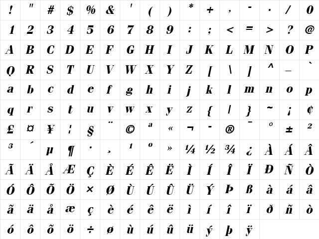 ITCFenice LT Regular Bold Italic  glyph index