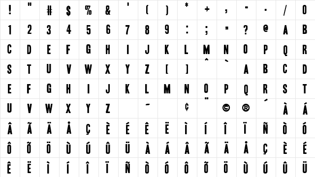 Toronto Gothic Regular  glyph index