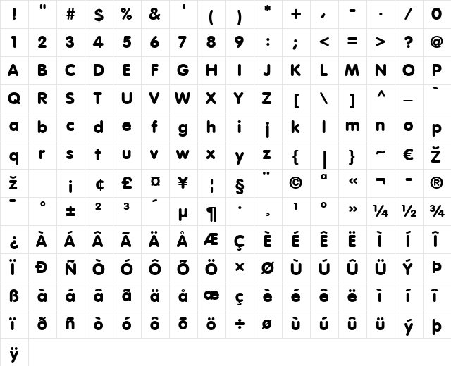 VAGRounded LT Light Bold  glyph index