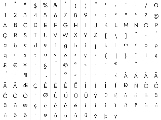 Neutra Text Alt Regular  glyph index